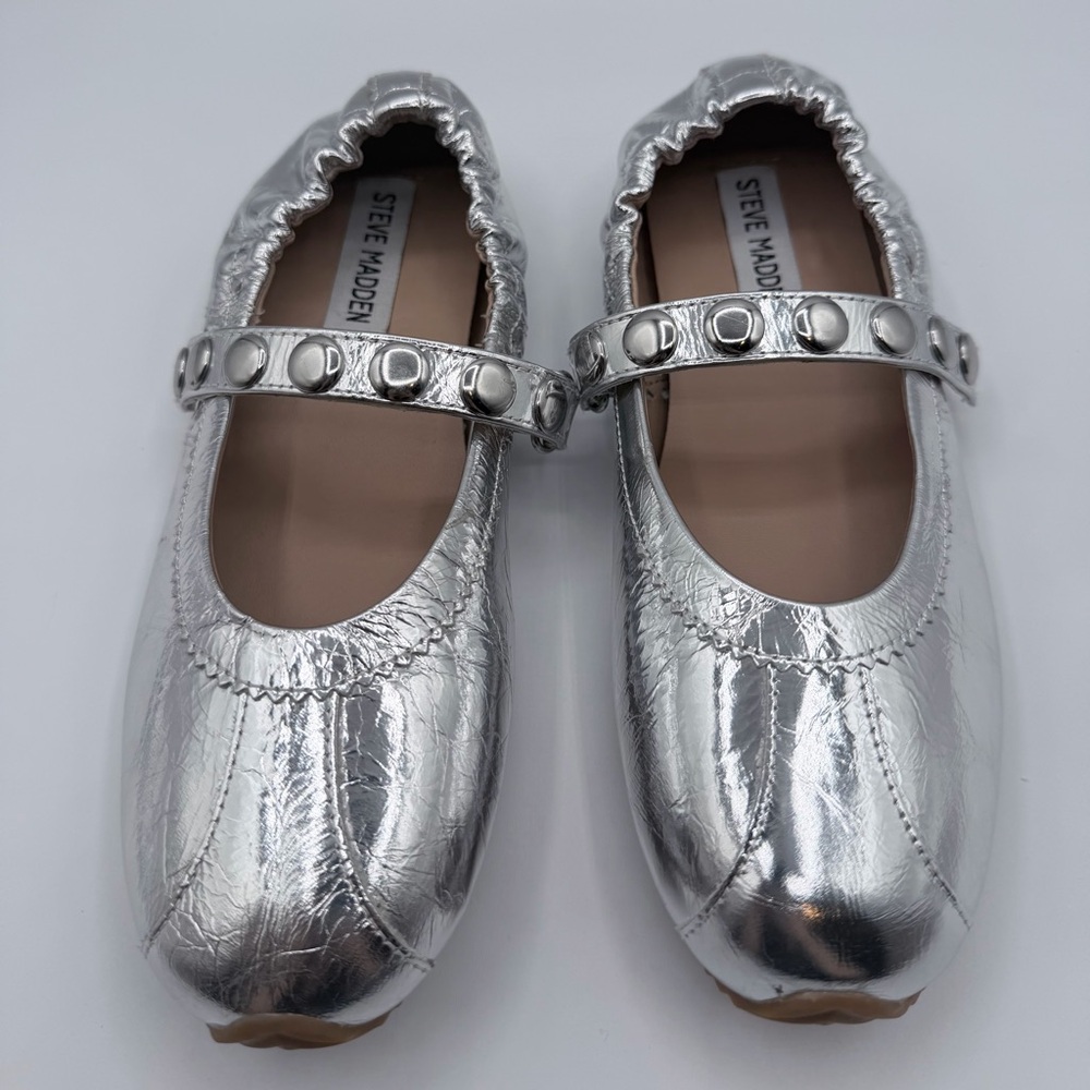 Steve Madden Anaya-ST Silver Studded Flats - Picture 2 of 6